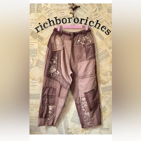 Free People We The Free Mystic Haze Embroidered Pants Floral Patched Brown - Picture 5 of 6